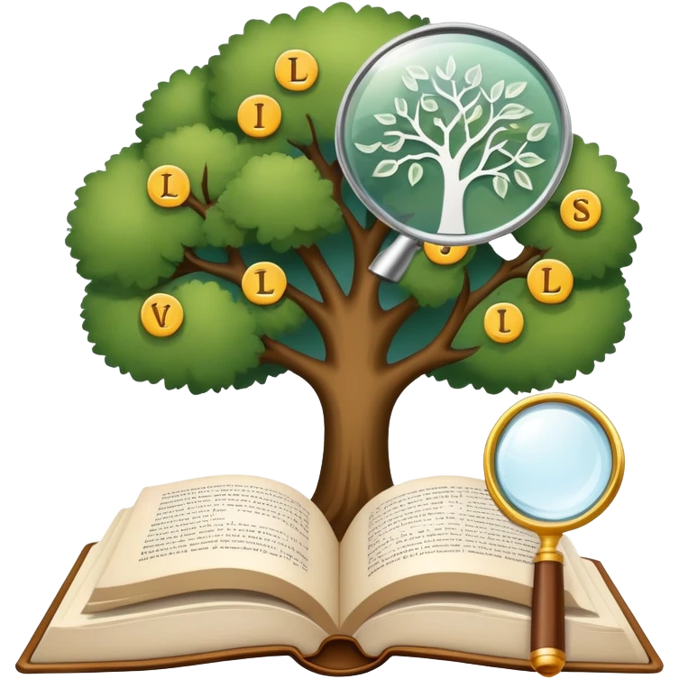 An icon featuring an open book, a speech bubble, and a linguistic tree, symbolizing philology and linguistics. The design includes alphabets, language symbols, and a magnifying glass, representing the study of language, structure, and meaning. Transparent background emoji