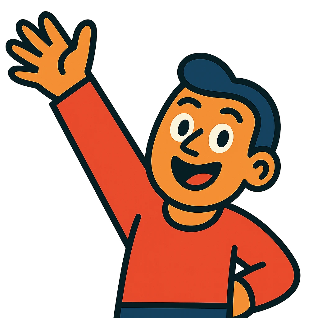 person raising one hand up diagonally, cartoon style, cheerful expression emoji