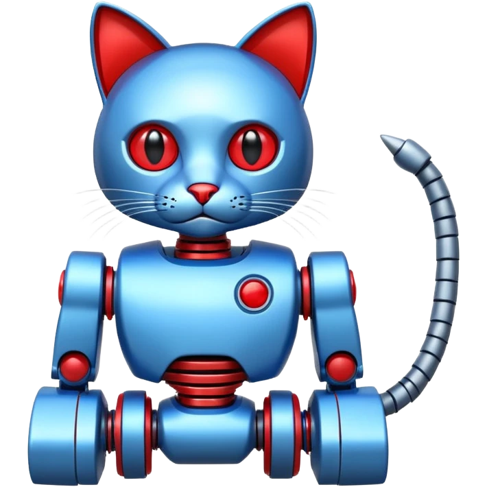 generate robot cat, glossy, realstic, red and blue color, write on tag LMX emoji