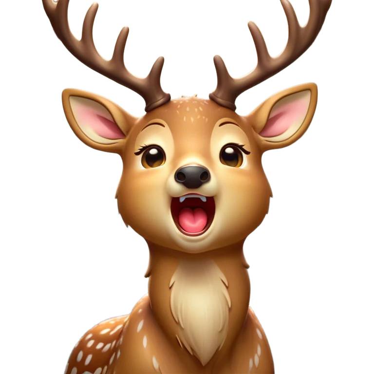 Cinematic Cute Yawning Deer Portrait Emoji, Head tilted slightly with a dramatic, wide-open yawn, revealing a soft, dappled coat and elegantly drooping ears, eyes barely open in drowsy contentment, Simplified yet irresistibly adorable features, highly detailed, glowing with a soft, cozy glow, high shine, relaxed yet expressive, stylized with a touch of natural whimsy, bright and endearing, soft glowing outline, capturing the essence of a sleepy yet affectionate deer, so drowsy it feels like it could stretch right out of the screen and curl up for a nap! emoji