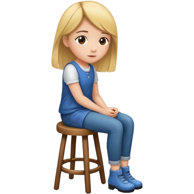 a girl is sitting on a stool and she is seeing and facing toward left side emoji