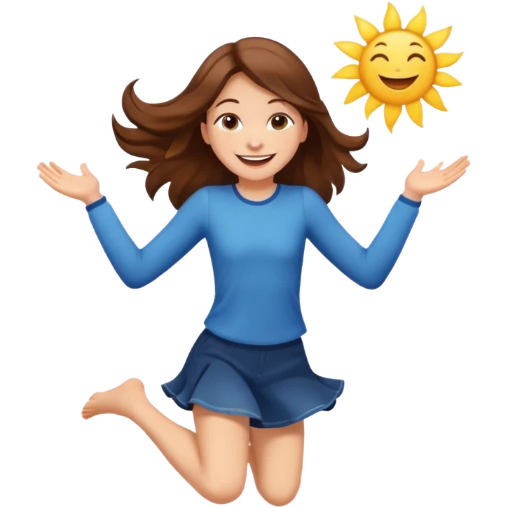 Girl with long brown hair happy jumping in the air with sunbeams in the background  emoji