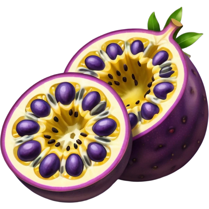 whole round purple passion fruit with slightly wrinkled matte skin next to halved piece showing vibrant yellow pulp with glossy black seeds juicy jelly-like texture bold contrast between rind and interior no leaf spoon or extras soft lighting subtle shadows emoji scale emoji
