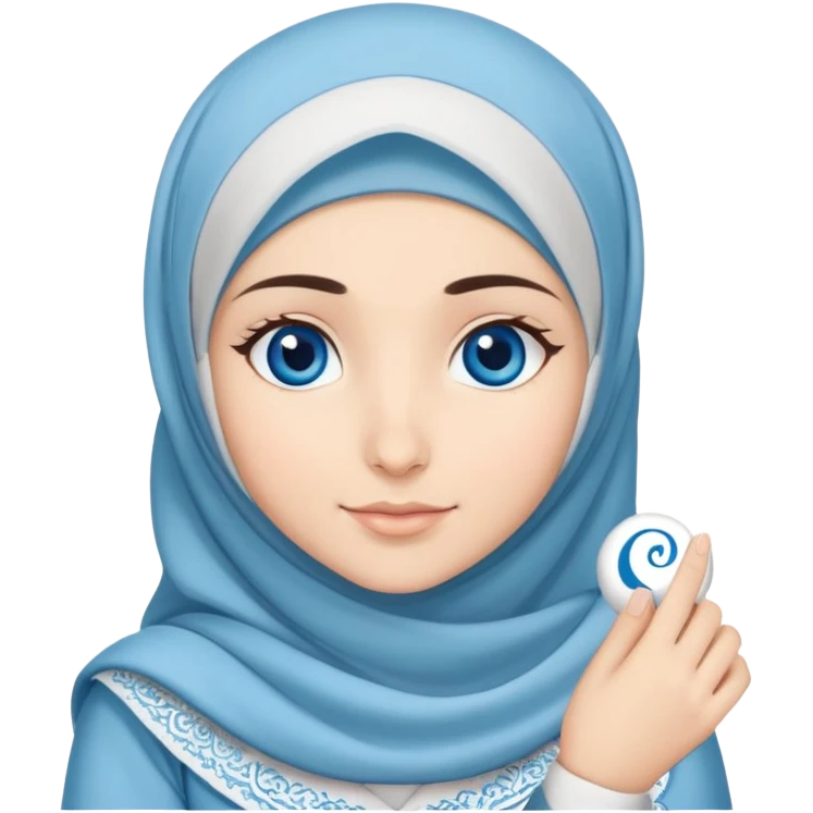 Turkish beautiful finish Konya girl blue eyes with cloudy hijab islamic long tailed dress and had on her hand text Eid Mubarak  emoji