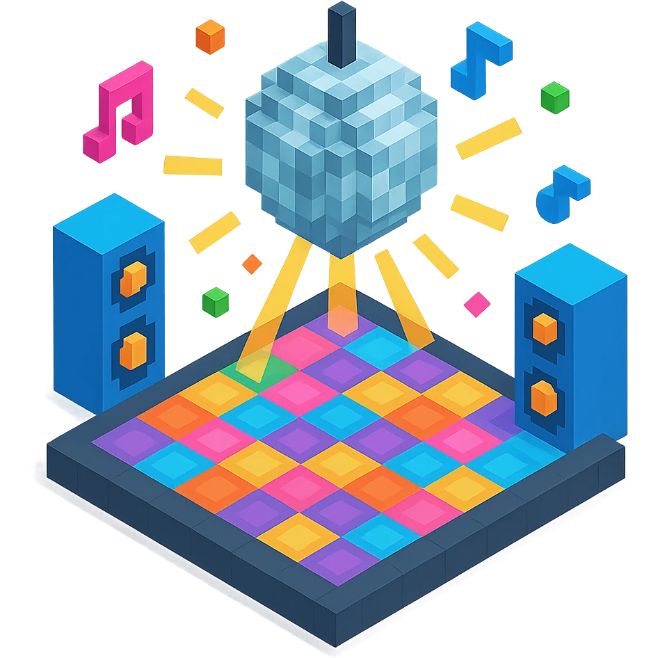 dance floor with animated light effects, a spinning disco ball, and a vibrant party atmosphere emoji