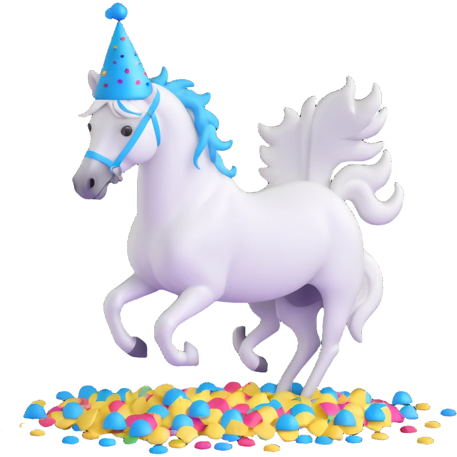 white horse with blue party hat and confetti emoji