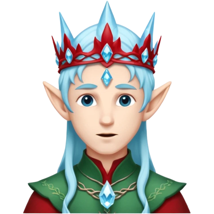 Fantasy elf portrait emoji, icy blue crystal crown with deep red accents, elegant elven features, cold noble winter expression, ice and crimson color palette, minimal clean design, flat readable emoji style, male variant emoji