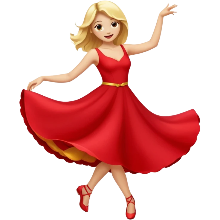 a yellow-blonde woman dancing wearing a red dress, in flat emoji / Apple style, smooth shapes, glossy highlights, bright saturated colors, simple features, minimal details, no outlines, red clothes flowing, joyful pose
 emoji