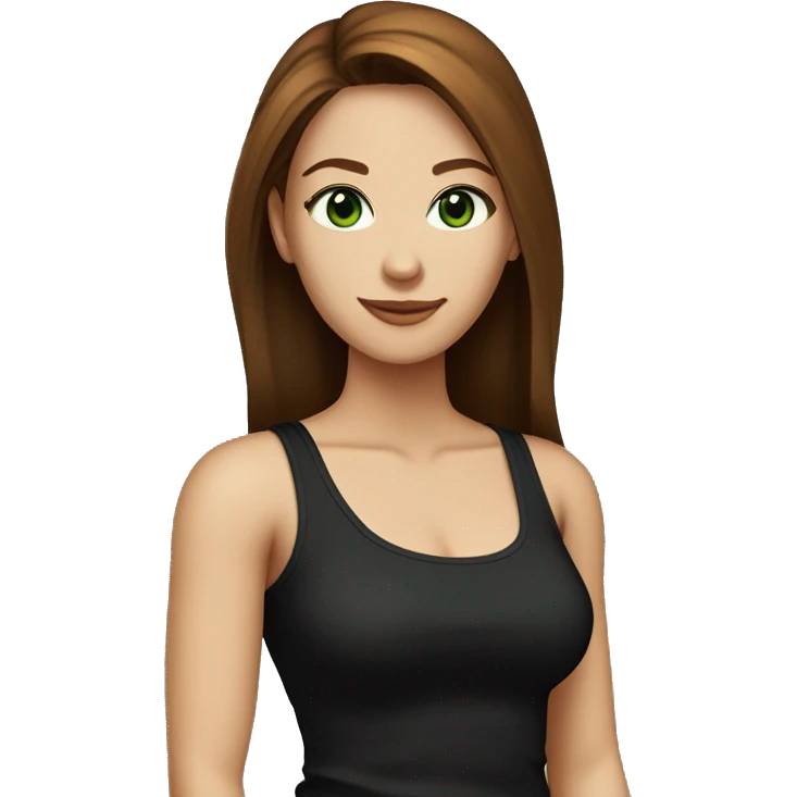 Attractive woman with butt-long chestnut-brown hair and dark green eyes wearing a black tank top emoji