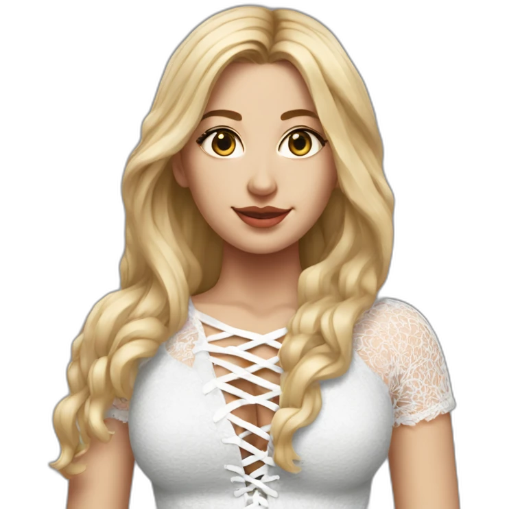 hyperrealistic caucasian female, long straight blonde hair, white lace up crop top and grey tight mini skirt emoji