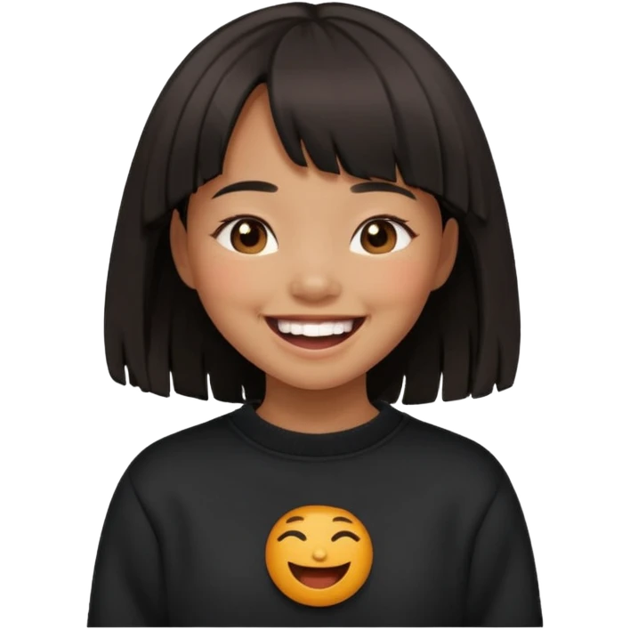 Asian girl in black fringed swearshirt, laughing emoji