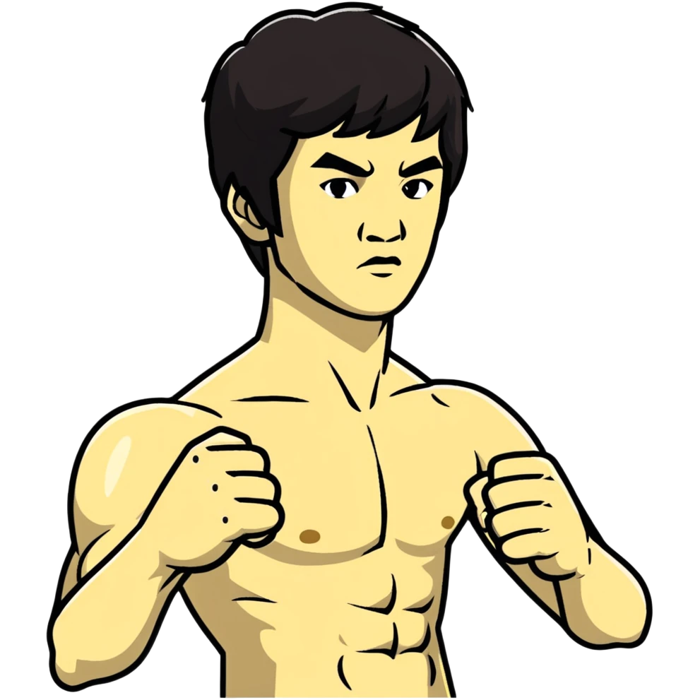 Bruce Lee iconic martial arts star in fighting stance, chest up portrait emoji