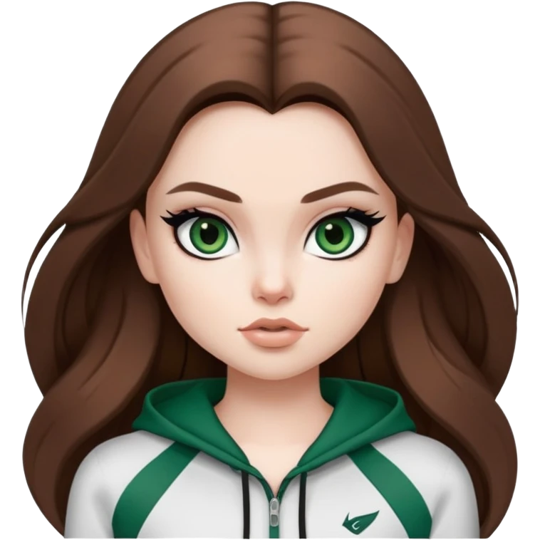pretty bratz girl, long brown hair, dark green eyes, black eyeliner, pale skin, athletic clothes emoji