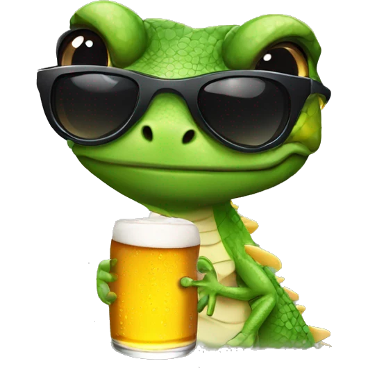 lizard wearing sunglasses holding beer emoji