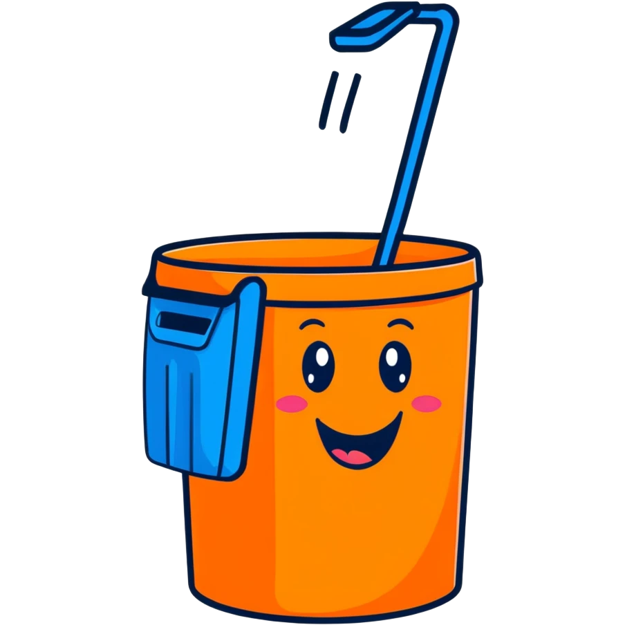 cartoon blue bin with a happy face, waving emoji