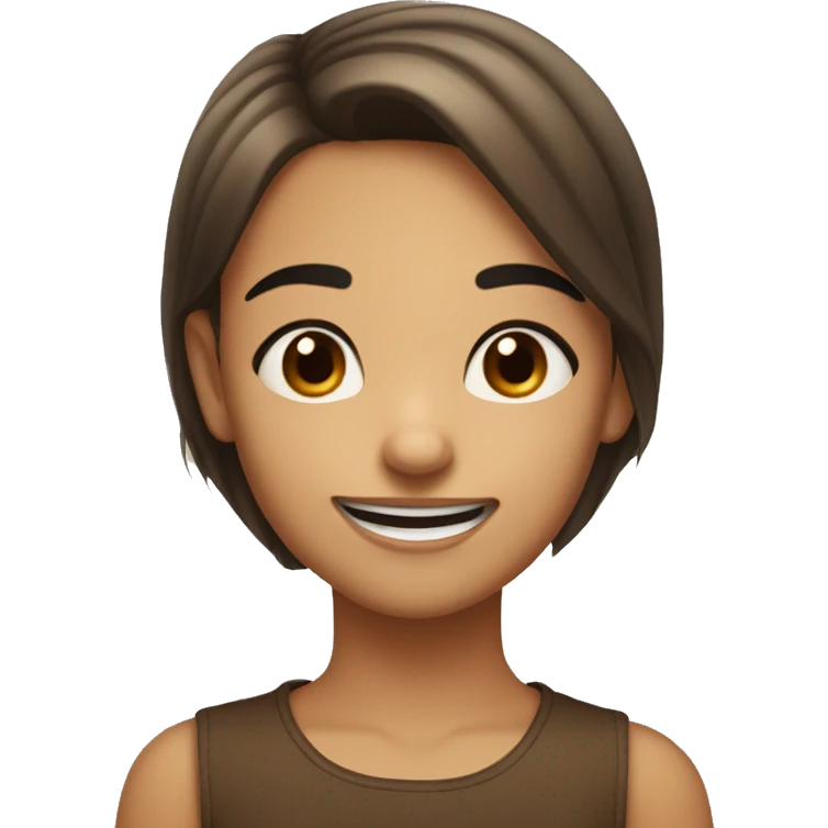 The girl is smiling sweetly; she has crooked upper teeth (with canines pointing forward), straight brown hair, brown eyes, black eyebrows, a snub nose, and is very cute. emoji