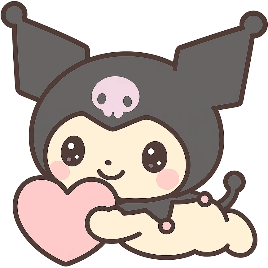 Kuromi character lying down hugging a heart, kawaii style emoji