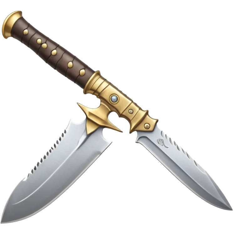close-up of a curved crysknife blade made from sandworm tooth, metallic gleam with fine cracks, wrapped leather hilt, warm light glinting off blade, bold and sharp emoji style emoji