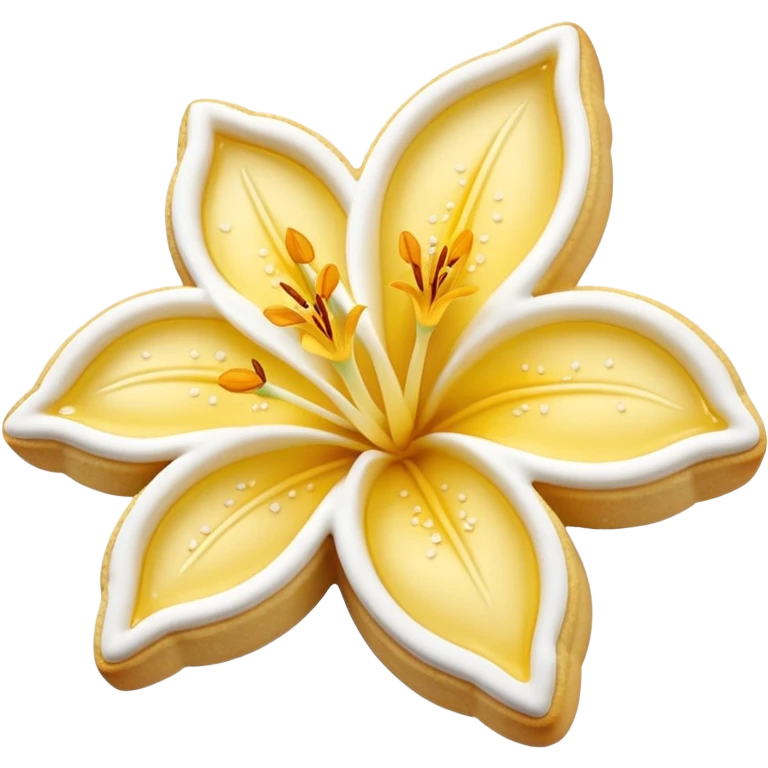 Realistic shortbread cookie in the shape of a lily flower with pastel yellow color jelly middle filling and sprinkled powder sugar on top. emoji