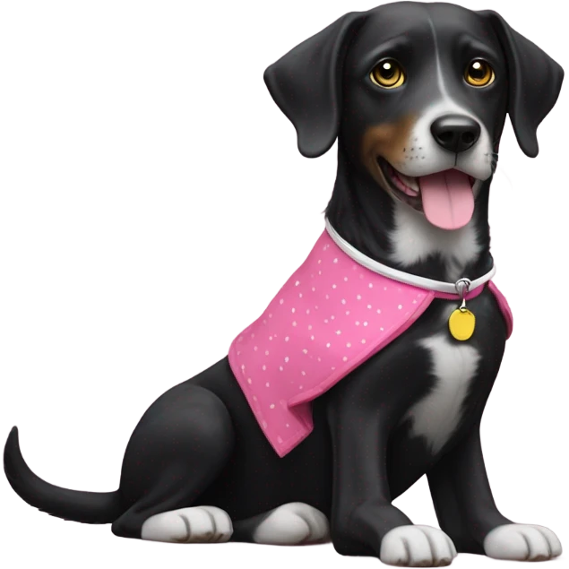 Black dog with white spotty legs and pink collar sitting next to bigger black dog with white legs and yellow collar emoji