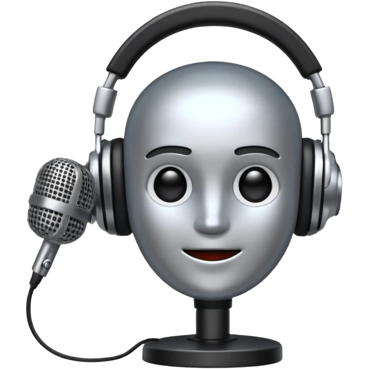 Create a professional emoji that represents voice acting and dubbing equipment. should feature a high-quality microphone, and headphones to symbolize recording and technical process.  elements to be futuristic colors with matte black and sparkling chrome silver. Transparent background  emoji
