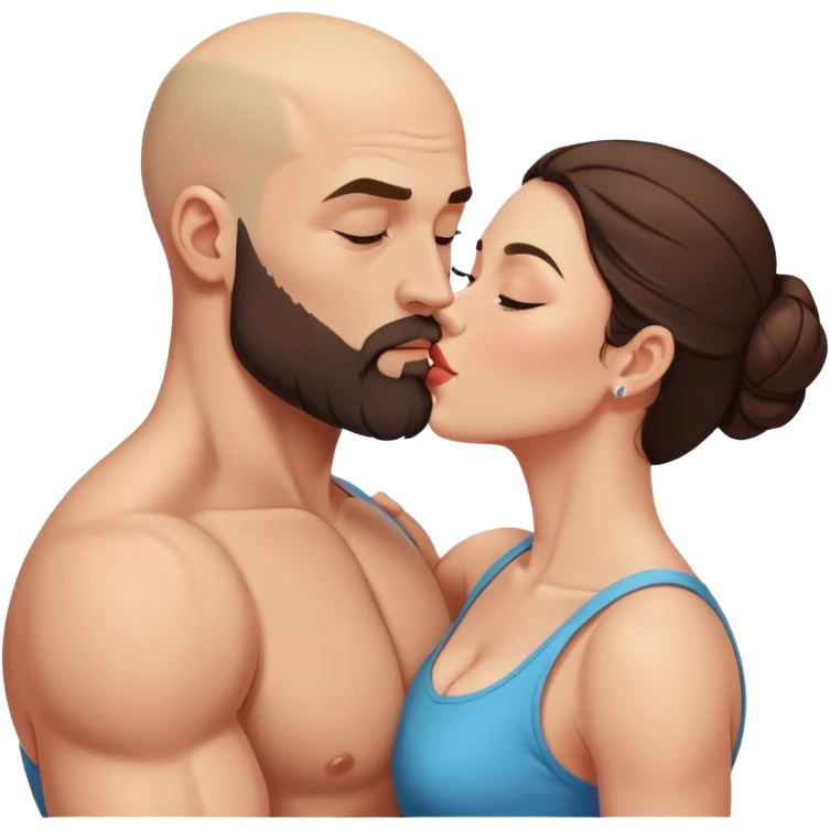 Muscular Bald man with a beard passionately kissing his young brunette wife  emoji