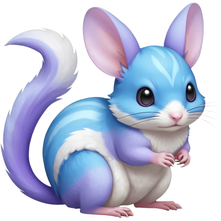 Light-pastel-Cyan-white-blue-gradients electric type rodent-chinchilla-squirrel-gerbil-jerboa-Pachirisu-Minccino-Pokémon-Fakémon-fusion-hybrid-Pokémon-animal-creature, full body with purple-violet-pinkish round cheek markings  emoji
