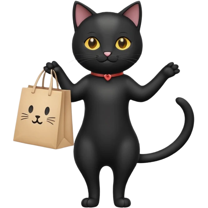 A cute black cat standing on two legs, happily running while holding a shopping bag. Minimalist emoji style, clean vector look, soft colors, rounded shapes, and expressive face emoji