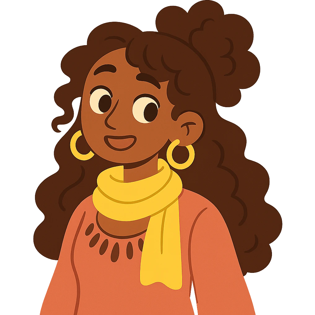 bohemian girl with brown skin, long curly brown hair up, lemon yellow scarf, round earrings emoji