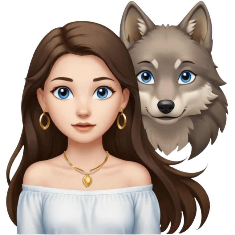 A pretty white girl with brunette hair blue eyes  thin gold hoop earrings and a matching gold necklace in a white shirt that cuts off the shoulders her hair is long and she has a wolf cut emoji