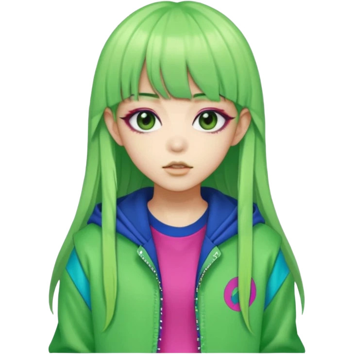 portrait-of-a-green-skin-alien-k-pop-idol,-wearing-a-stylish-streetwear-outfit-with-layered-colorful-clothing,-long-hair-with-bangs,-makeup,- emoji