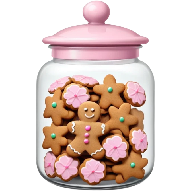 Realistic glass cookie jar with light pink lid full of gingerbread cookies isolated.  emoji