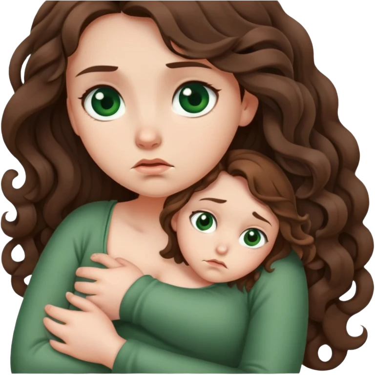 Sad Girl with curled brown long length hair and dark green eyes with belly ache emoji