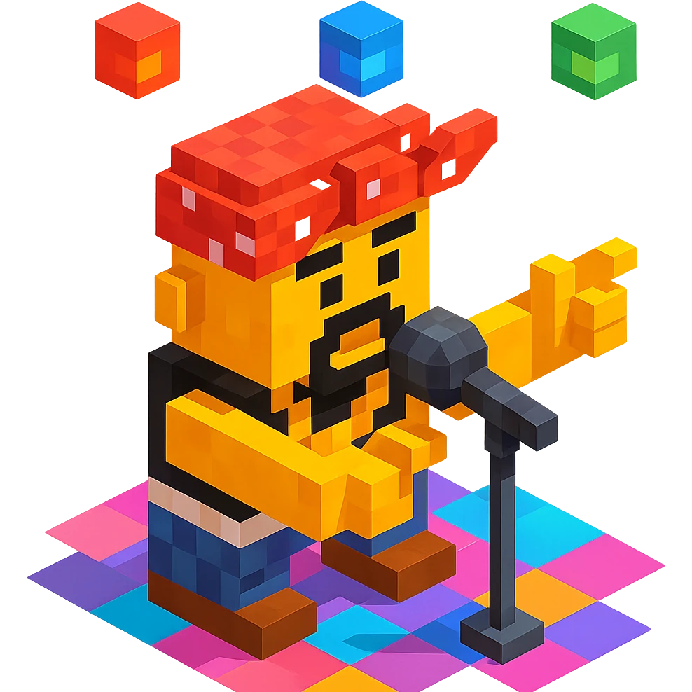 Lego 2Pac in a rap battle, wearing a bandana, mid-performance, colorful stage lights emoji