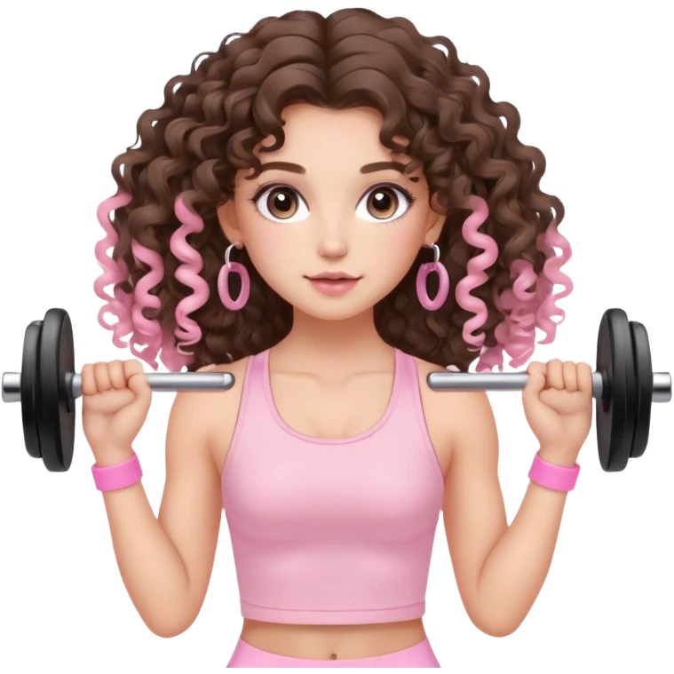 cute balayage brunette long hair curly/wavy haired girl, hoop earrings, clean girl makeup DOING EXERCISE with weights with a cute pastel pink set emoji