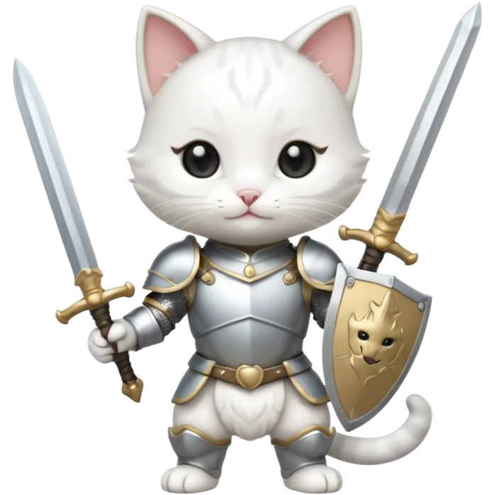 baby chibi white cat in silver armor, full body, smile, hold sword emoji