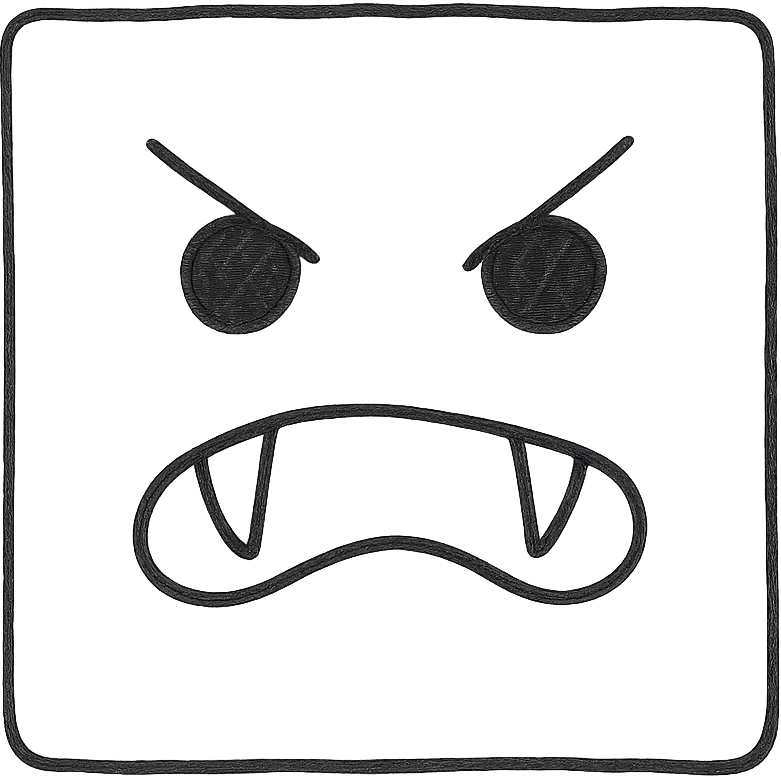 black square button with an angry face with black eyes, smile, and fangs, hand-drawn outlined icon emoji