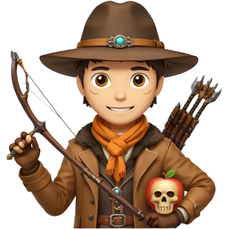 male human monster hunter emoji, wearing brown leather coat and wide hat, holding crossbow, with amulet shaped like skull, Halloween fantasy theme, confident smile, orange scarf, Apple emoji style, clean white background, square image emoji