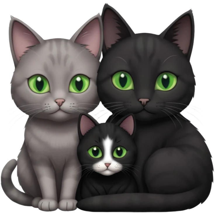 1 regal looking grey cat with pastal green eyes and 1 black with green eyes cat cuddling emoji