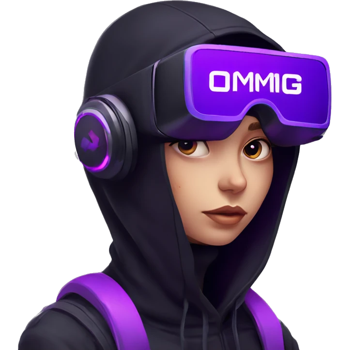 Russian girl wearing black hoody with violet letters "OMG", in vr headset. Cyberpunk style. Violet neon. emoji