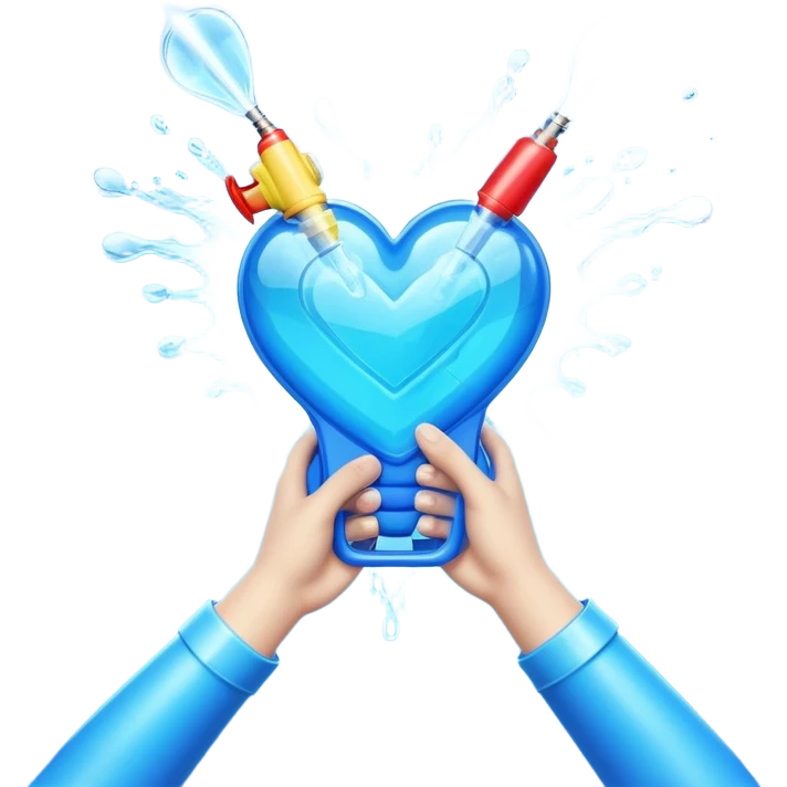 Water gun shooting through a heart made of handa emoji