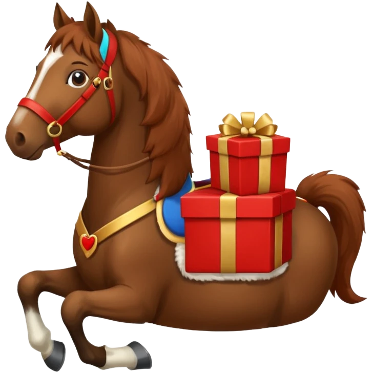 a New Year's horse with a red saddle, which has a red gift box with a white bow on the saddle emoji
