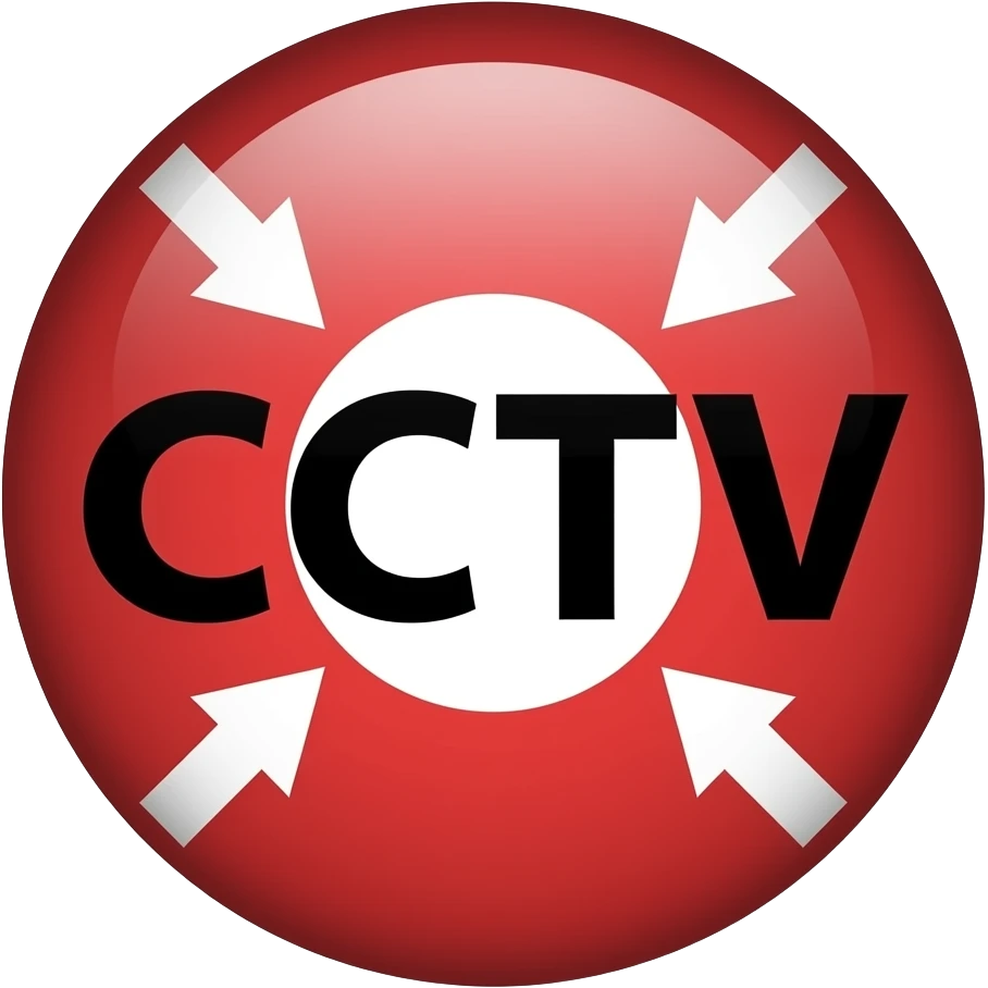 Red filled circle with white X and arrow on all end points on the X white circle in the middle. Big bold CCTV word in the centre in black emoji
