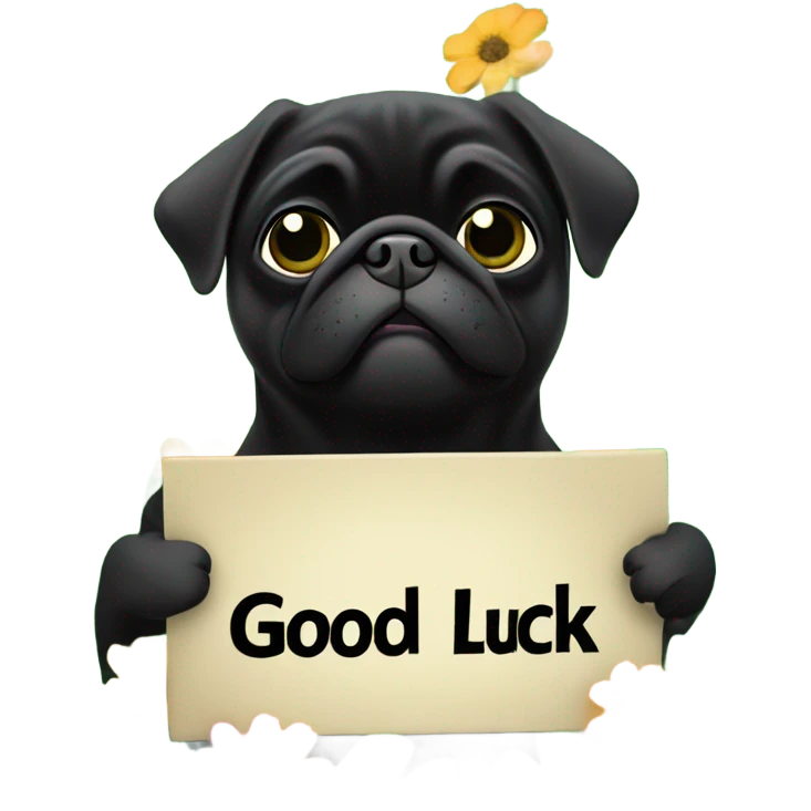 Black pug , surrounded by flowers, holding a green sign that says “good luck”  emoji