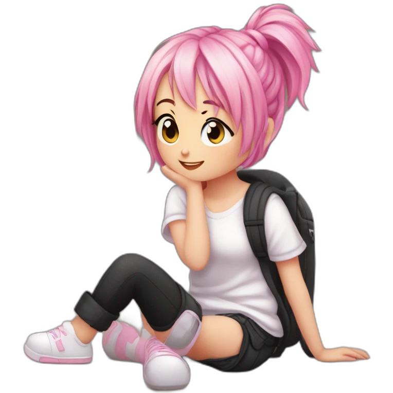 Full body Front view curvy emo girl pink hair sits on the floor straight view hands up black skirt белые трусики полосатые рваные чулки emoji