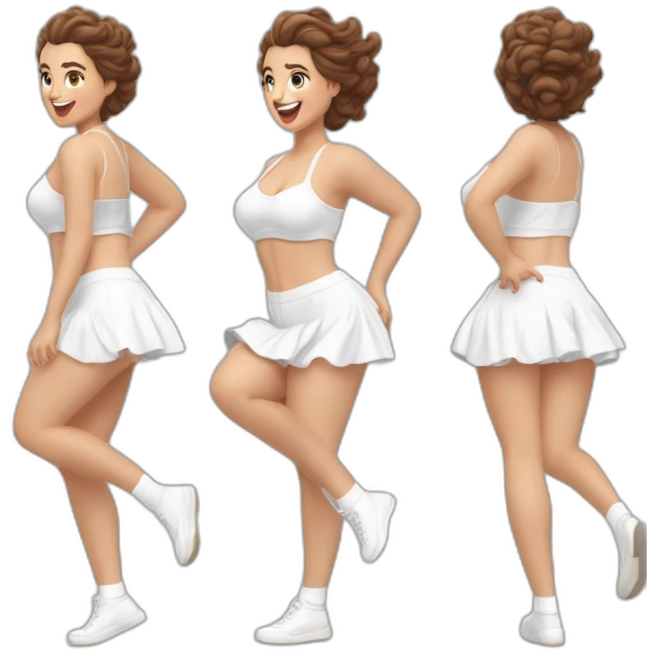 realistic full body caucasian curvy beauty jumping short dress back and front views strong wind white knickers long white socks emoji