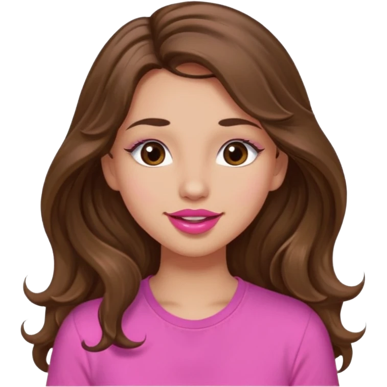 girl with long wavy brown hair, brown eyes, light to medium complexion, in a pink shirt, pink lips, long lashes, puckering up for a kiss, kiss lips emoji