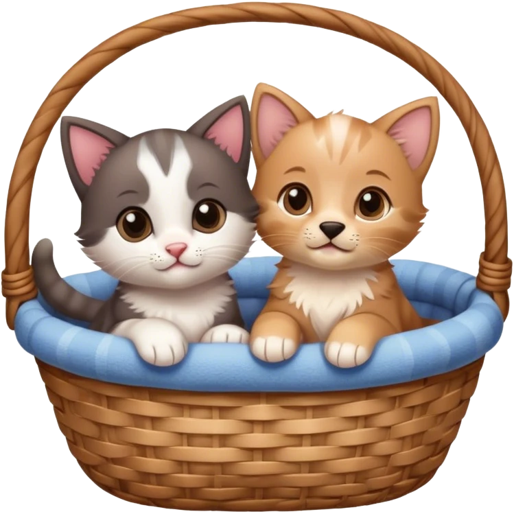 Disney-style cute kitten and puppy cozy in a basket emoji