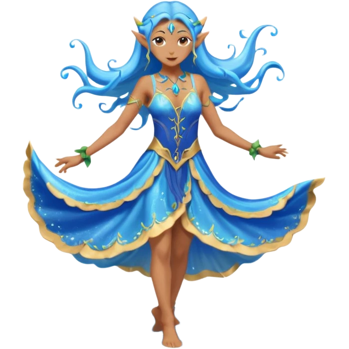 elf female dancer with water-like dress, graceful pose on wet sand, splashes, pointy ears, serene expression, centered emoji, ethereal blue colors emoji