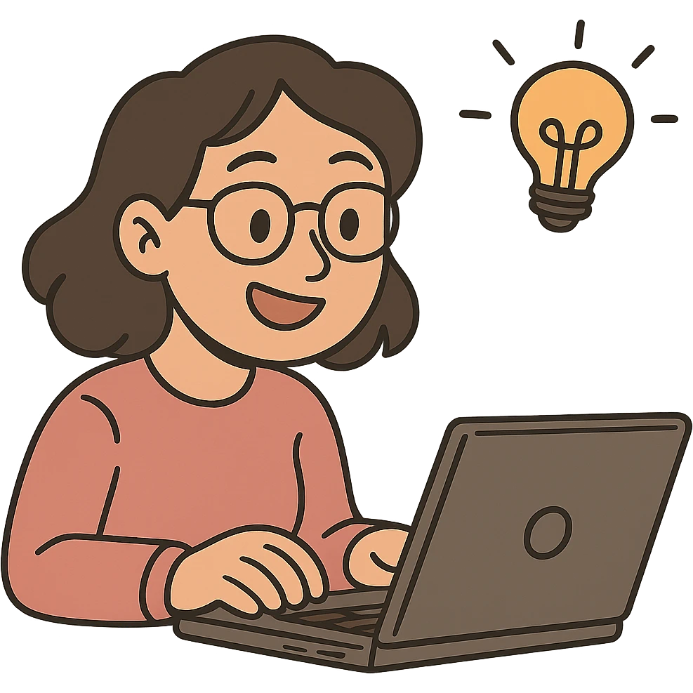 Depict the smart coder as a female working on a laptop with a lightbulb above her head, in a playful cartoon style with no background. emoji